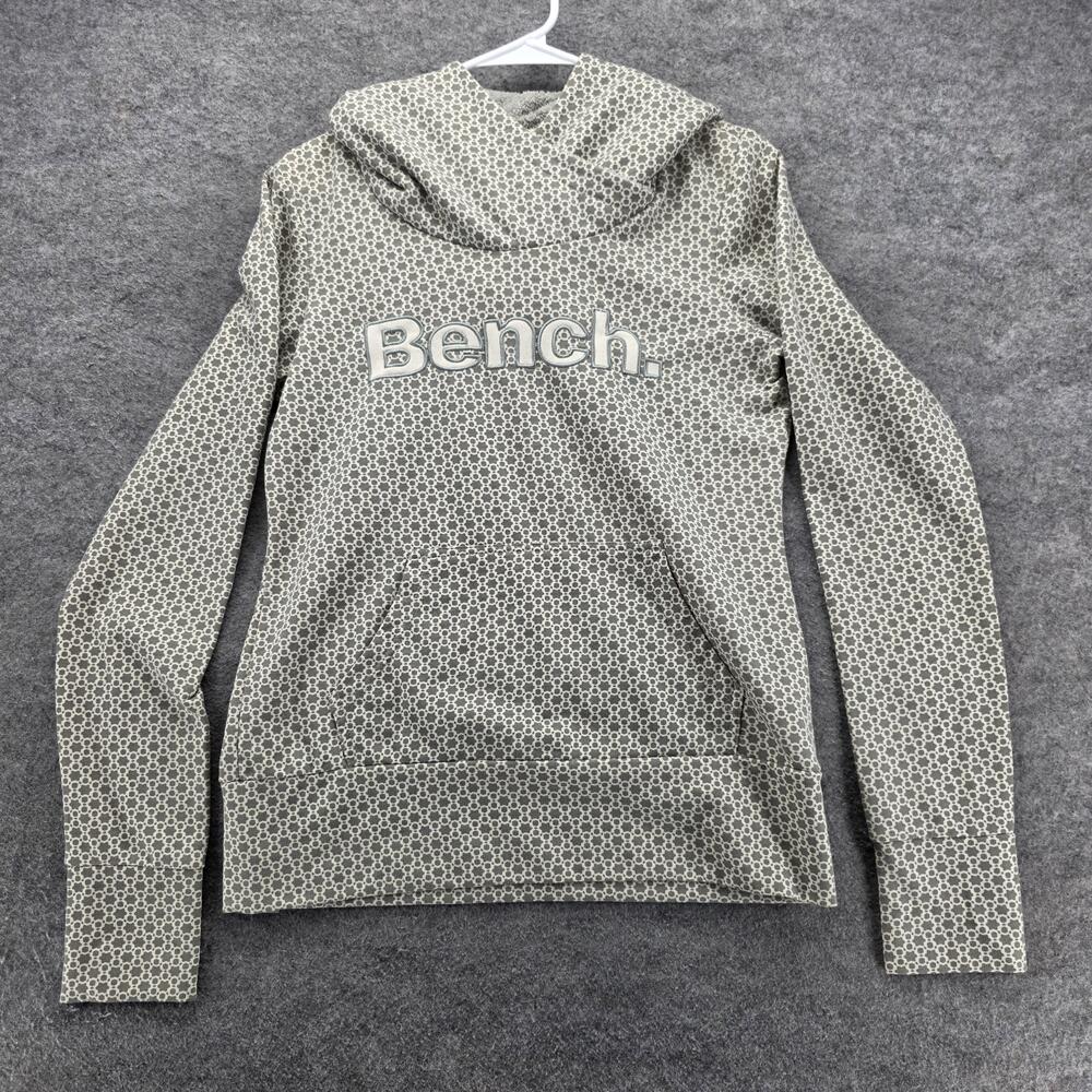 Bench Hoodie Womens Small Gray White Pattern Multipurpose Pullover Fuzzy Lined